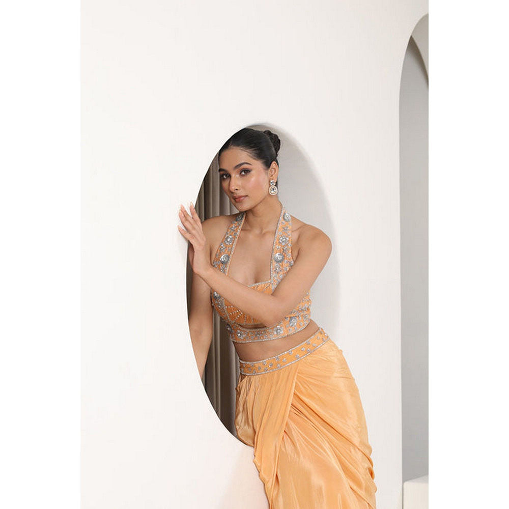 Sunanta Madaan Orange Viscose Crepe Skirt with Top