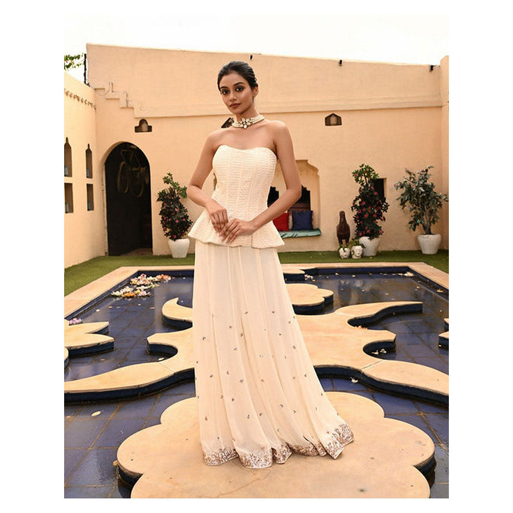 Sunanta Madaan Ivory Indo-Western Palazzo with Off-Shoulder Corset Top