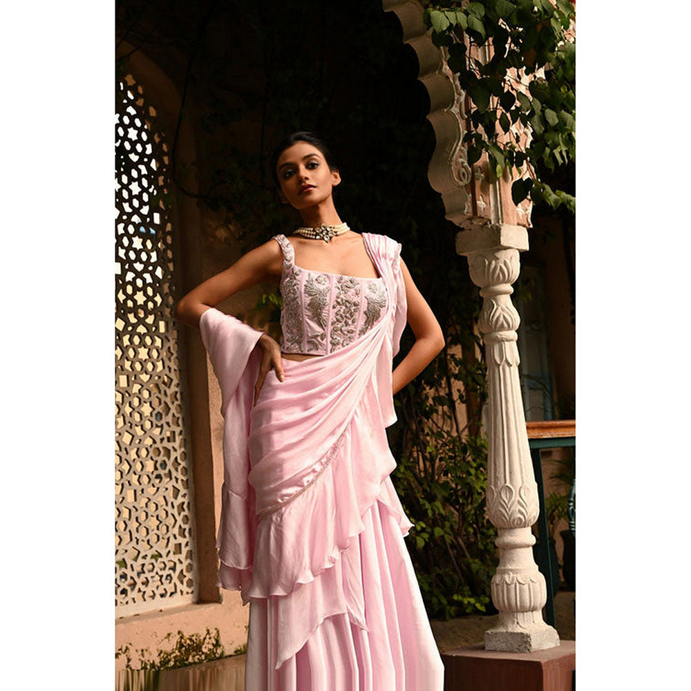 Sunanta Madaan Pink Ruffle Indo Western Pre-Drape Saree with Stitched Blouse