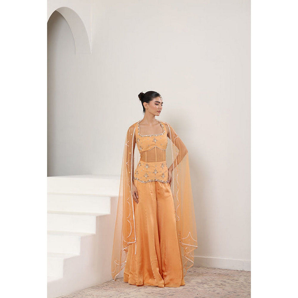 Sunanta Madaan Orange Silk Crepe Draped Sharara with Tunic and Dupatta