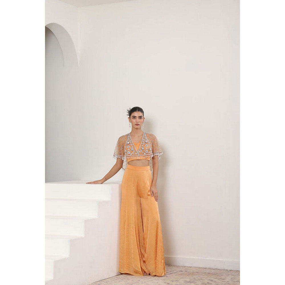Sunanta Madaan Orange Satin Organza Embroidered Sharara with Blouse and Cape