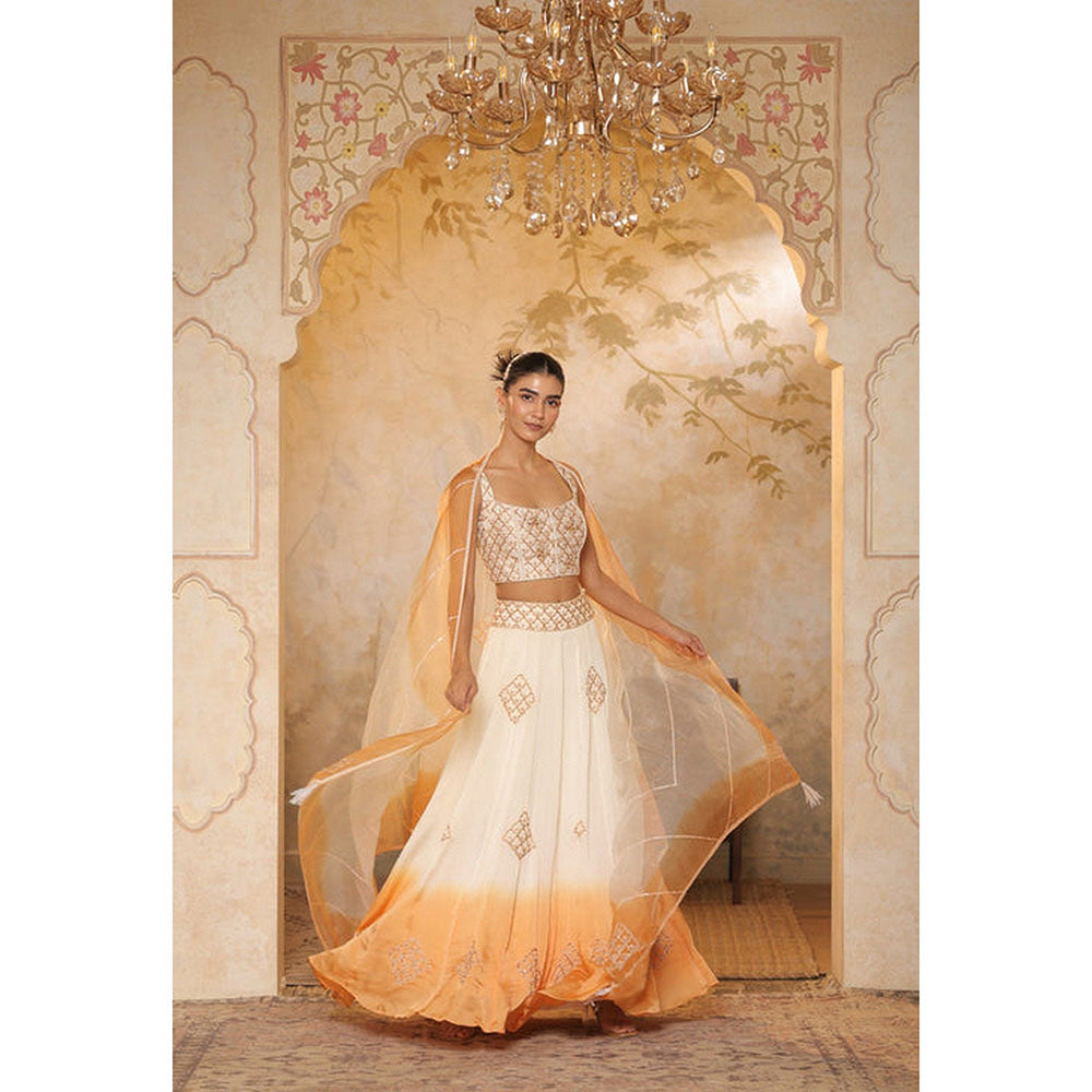 Sunanta Madaan Ivory-Orange Embroidered Raw Silk Blouse with Lehenga and Dupatta
