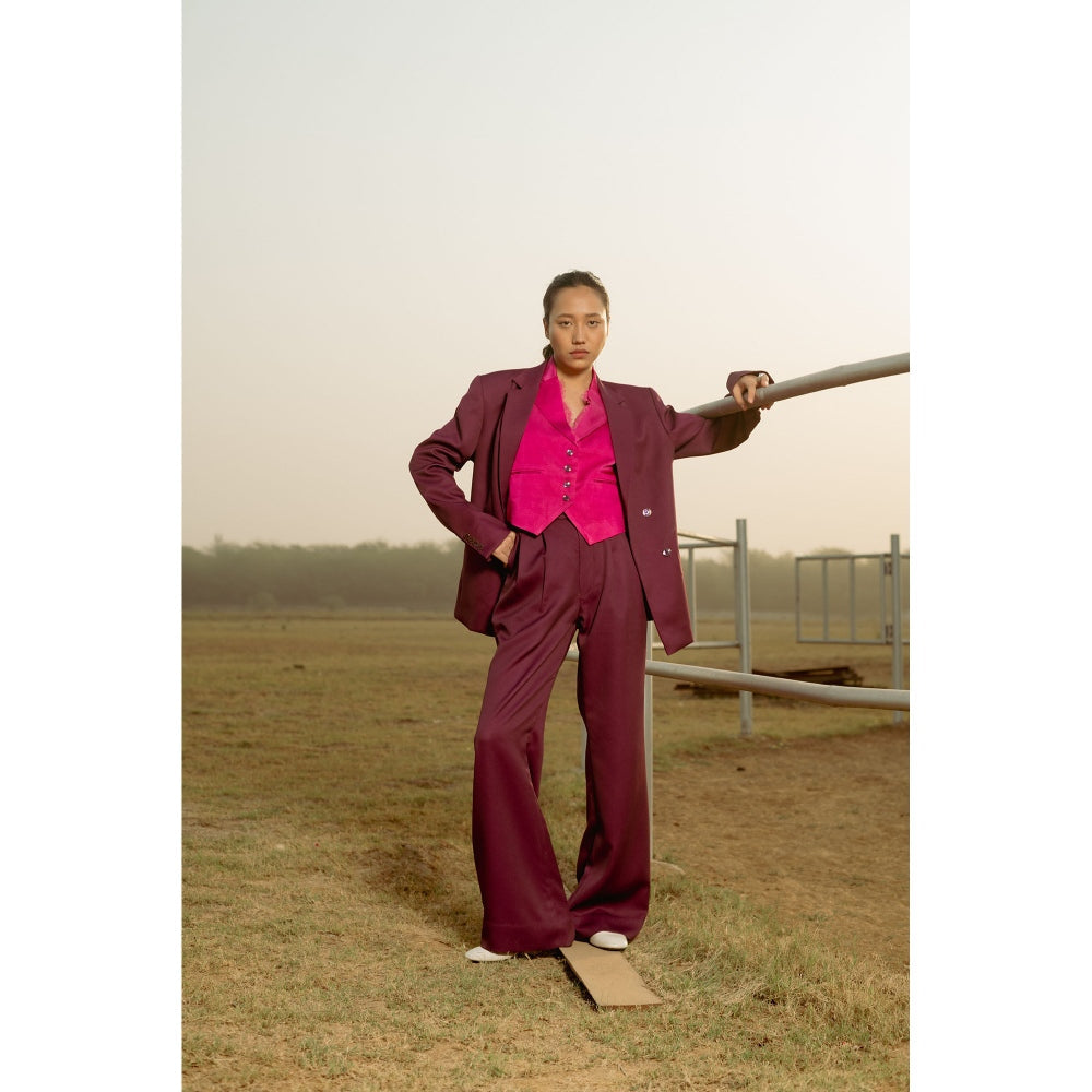 LABEL RAASA Burgundy Blazer with Pant (Set of 2)