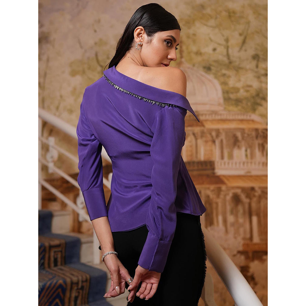 LABEL RUHBAB Purple Draped One Shoulder Crepe Top