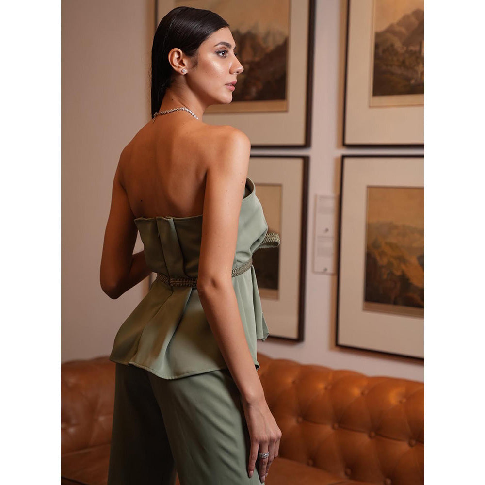 LABEL RUHBAB Olive Draped Corset Top with Attached Belt and Pant (Set of 2)