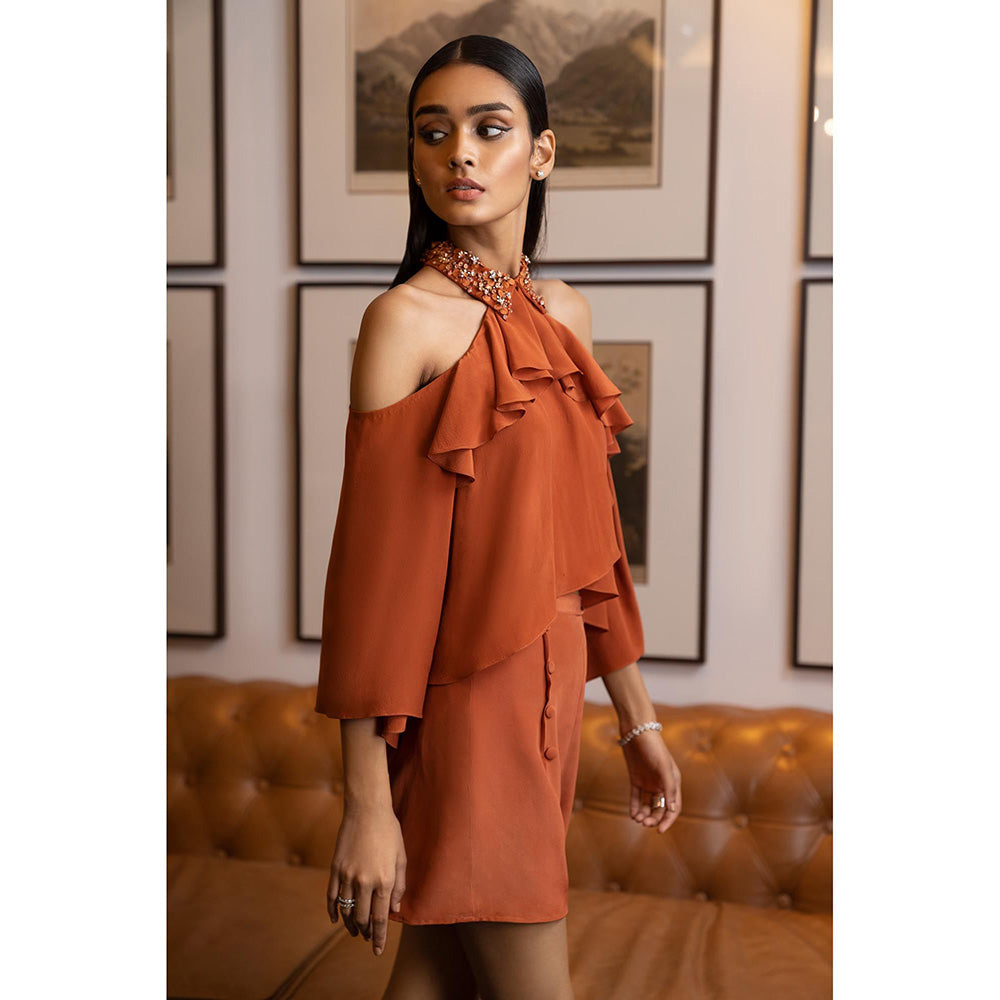 LABEL RUHBAB Tan Draped Silk Crepe Ruffle Top and Shorts (Set of 2)