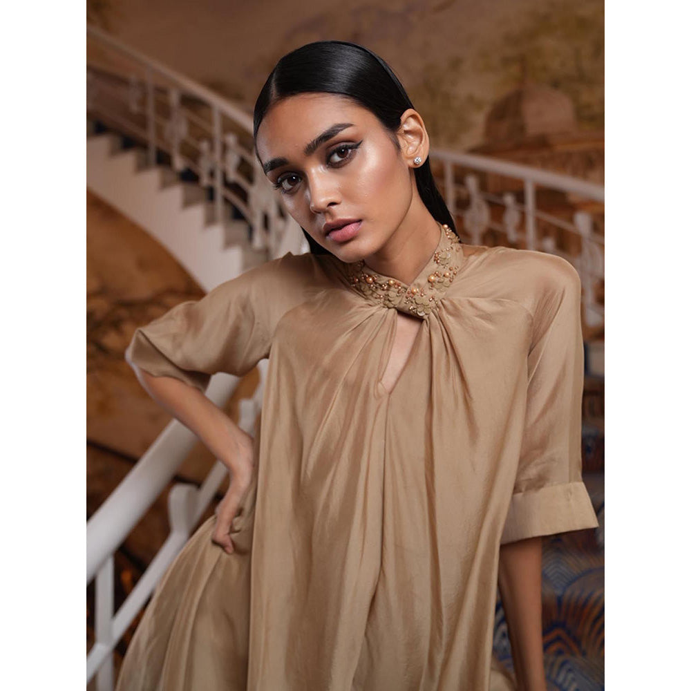 LABEL RUHBAB Beige Draped Silk Top with Pearl & Sequin Embroidery On The Collar