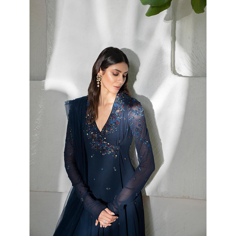 LABEL RUHBAB Navy Blue Silk Georgette Thread Angarkha with Pant and Dupatta