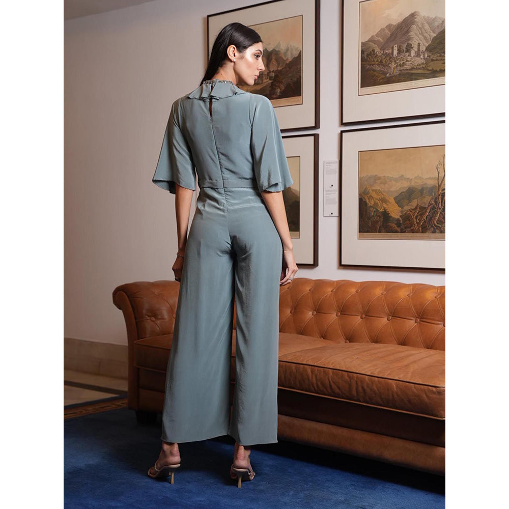 LABEL RUHBAB Green Silk Crepe Jumpsuit with Cutwork