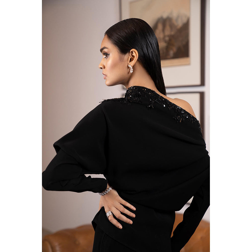 LABEL RUHBAB Black Drop Shoulder Crystal Hand Embroidery Co-Ord (Set of 2)