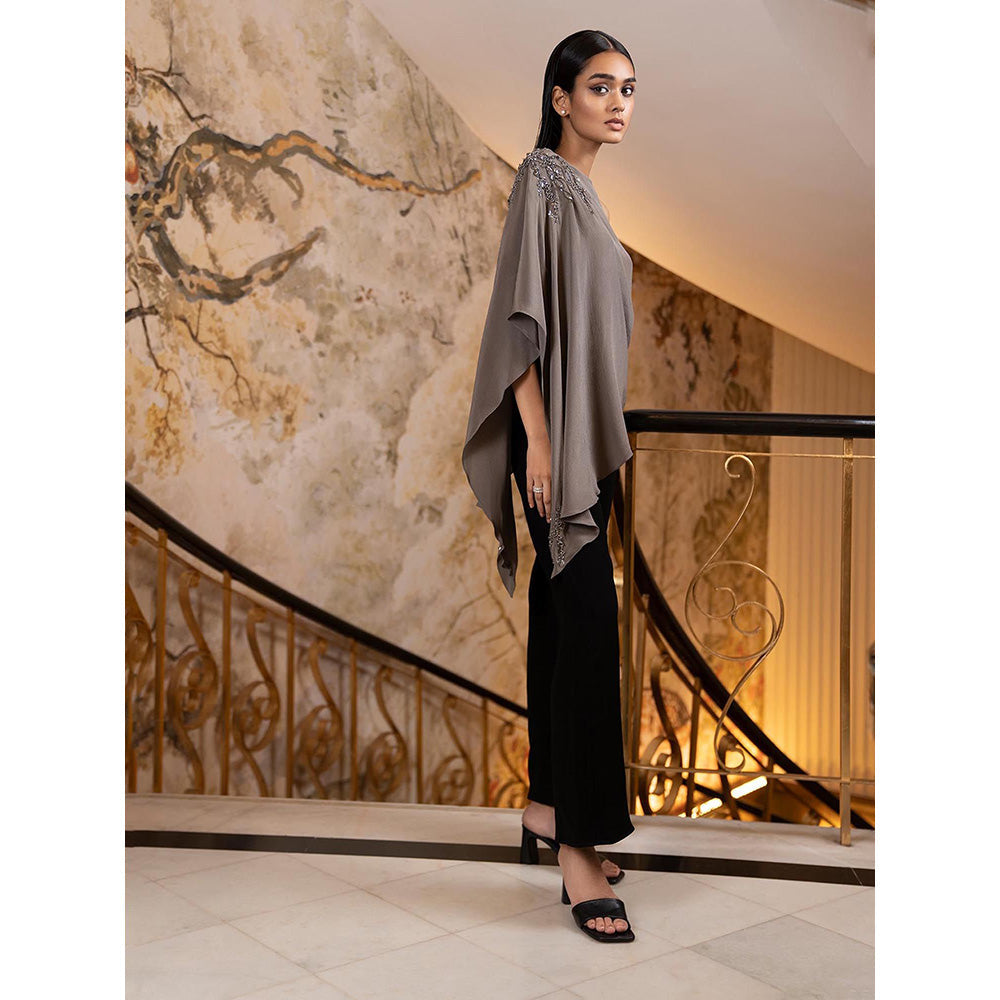 LABEL RUHBAB Grey Asymmetrical Silk Crepe Draped Top