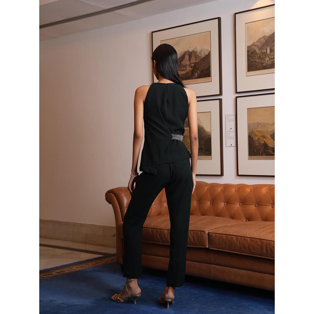 LABEL RUHBAB Green Asymmetrical Top with Attached Belt and Pant (Set of 2)