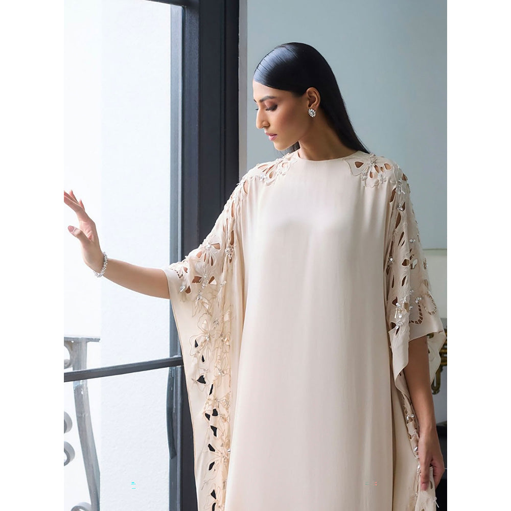 LABEL RUHBAB Ivory Premium Silk Georgette Kaftan and Pant (Set of 2)