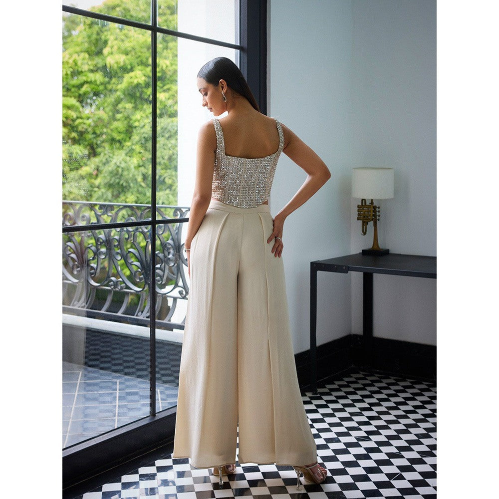 LABEL RUHBAB Silk Crepe 3D Sequin Hand Embroidered Corset Top with Pant (Set of 2)