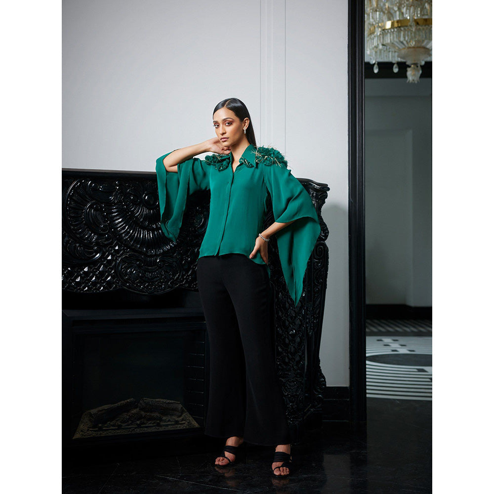 LABEL RUHBAB Silk Georgette 3D Organza Feather & Crystal Embroidery Top