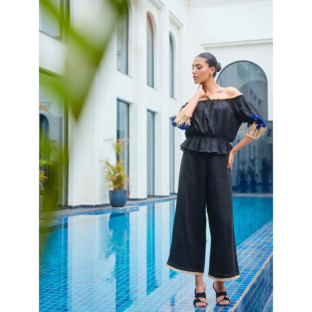 LABEL RUHBAB 3D Jute Thread & Crystal Embroidery Top and Pant (Set of 2)