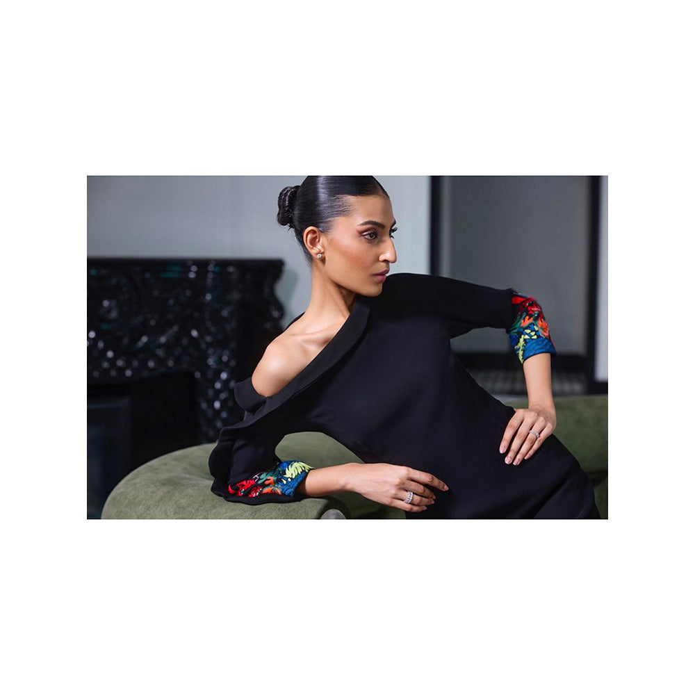 LABEL RUHBAB Black Draped Drop Shoulder Ruffled Neck Dress