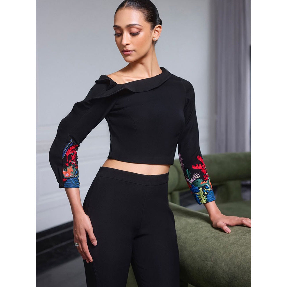 LABEL RUHBAB Black Drop Shoulder Top and Pant (Set of 2)