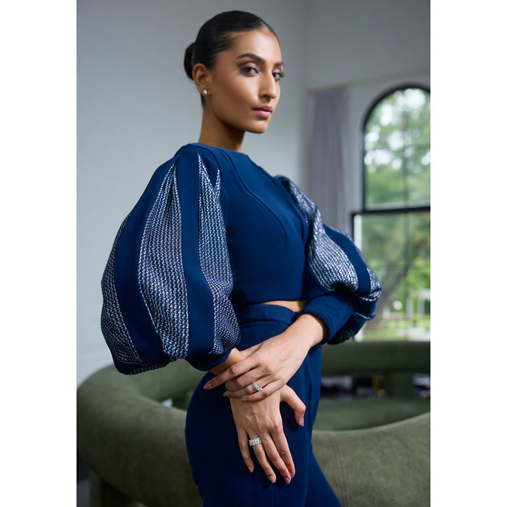 LABEL RUHBAB Draped Panelled Balloon Sleeves Crop Top and Pant (Set of 2)