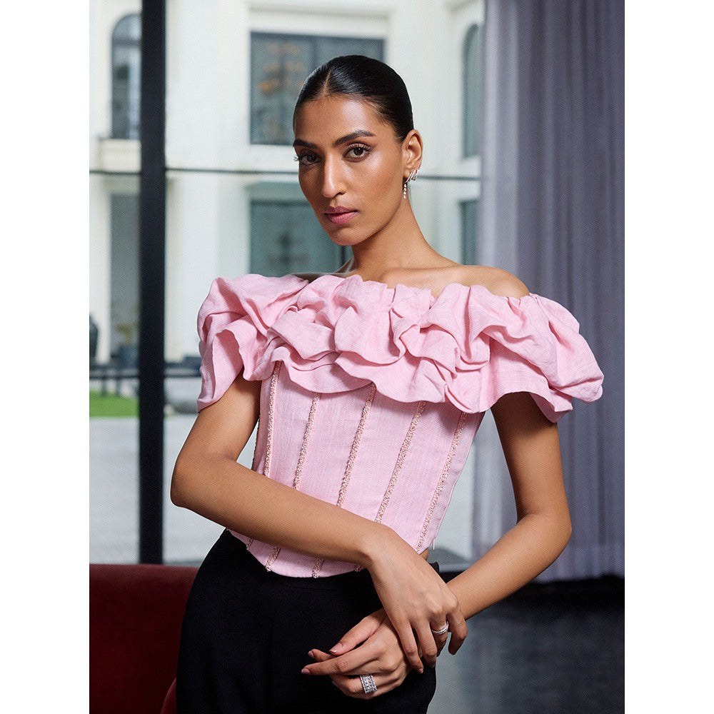 LABEL RUHBAB Draped Off Shoulder Hand Embroidered Sequin, Crystal & Beads Corset Top