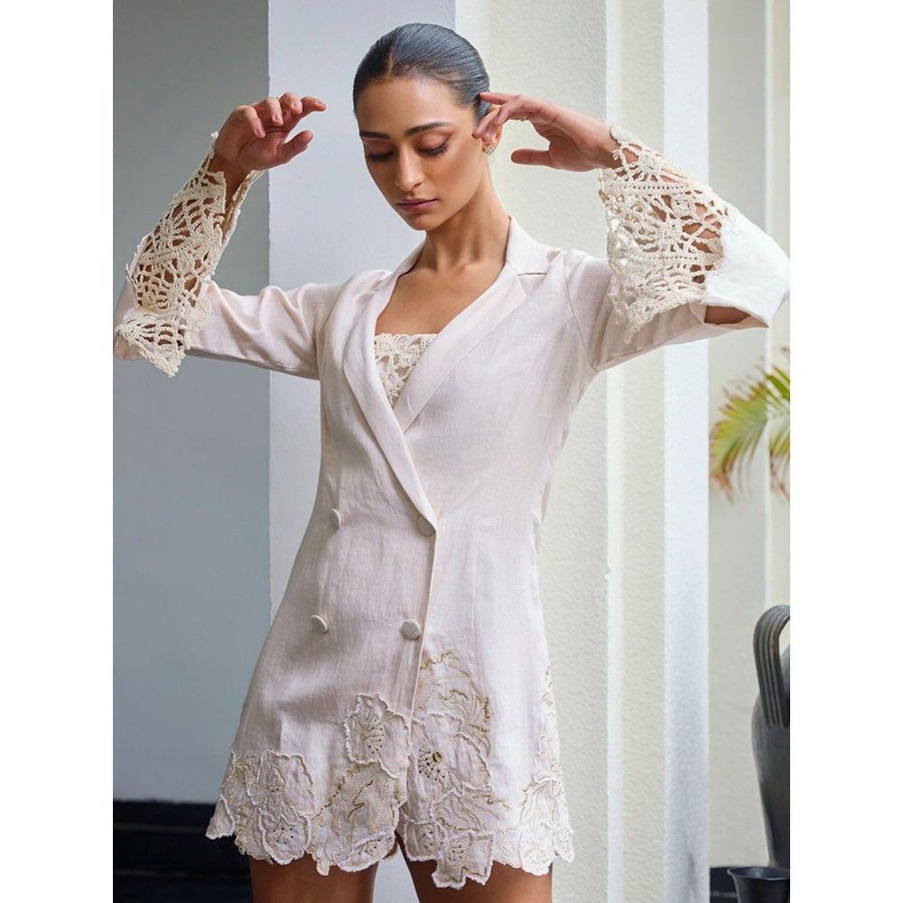 LABEL RUHBAB Crochet Applique & Thread Embroidery Blazer Dress