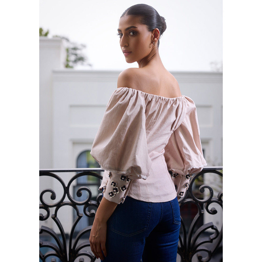 LABEL RUHBAB Linen Blend Off Shoulder 3D Sequin Hand Embroidered Cuffs Corset Top