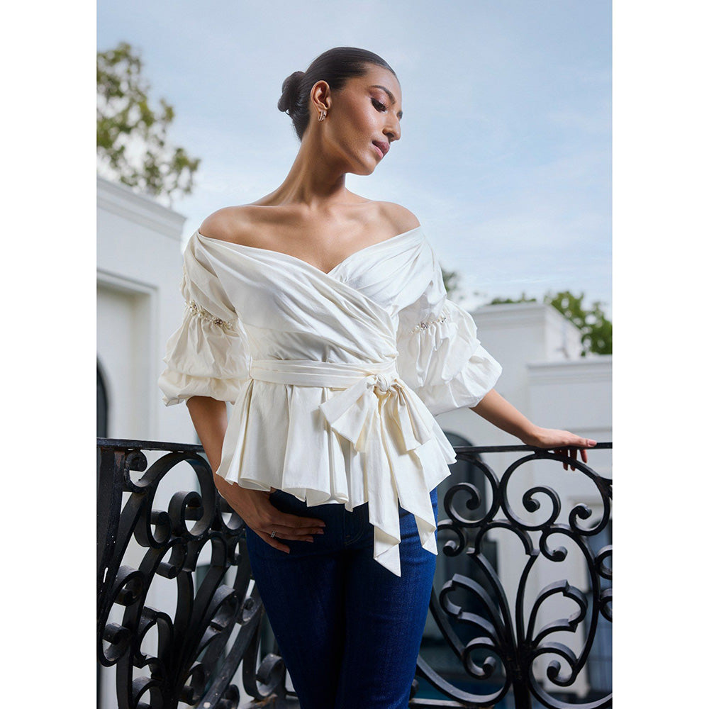 LABEL RUHBAB Off-Shoulder Pearl & Sequin Embroidered Top