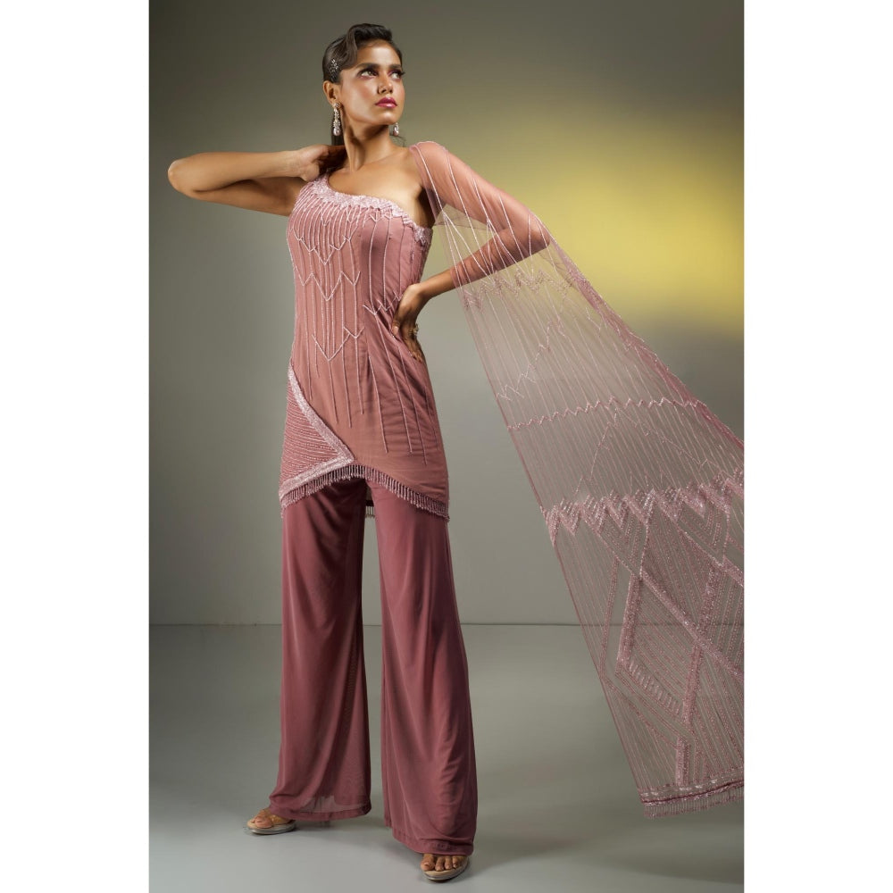Label Suravika S Mauve Embellished/Sequined Gazelle Attached Dupatta Tunic with Pant (Set of 2)