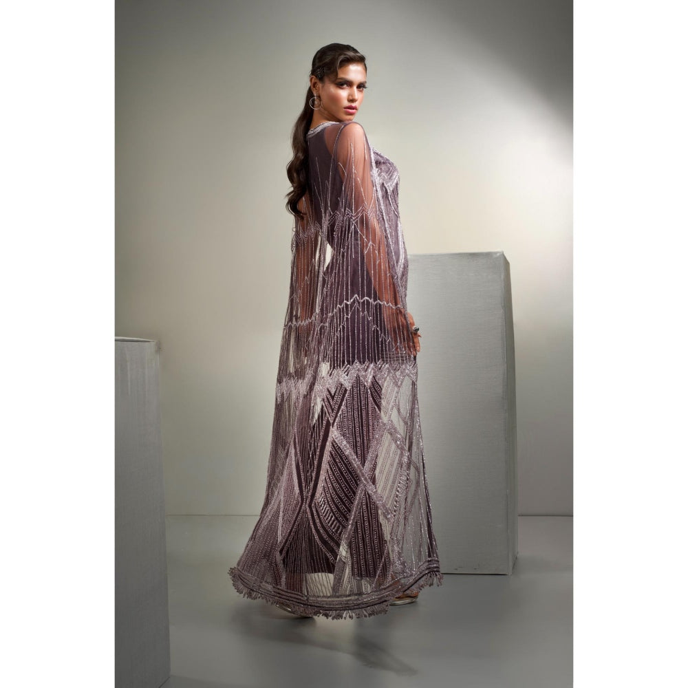 Label Suravika S Wine Embellished/Sequined Perini Tunic with Pant and Cape (Set of 3)