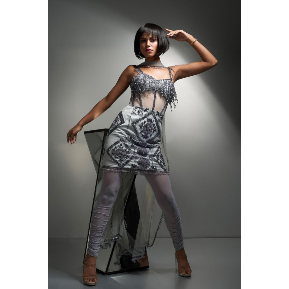 Label Suravika S Blue Embellished/Sequined Rezi Short Kurta with Legging and Dupatta (Set of 3)