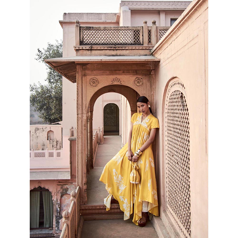 LABEL NAARITI Noor Floral Embroidered Yellow Anarkali Kurta with Pant (Set of 2)