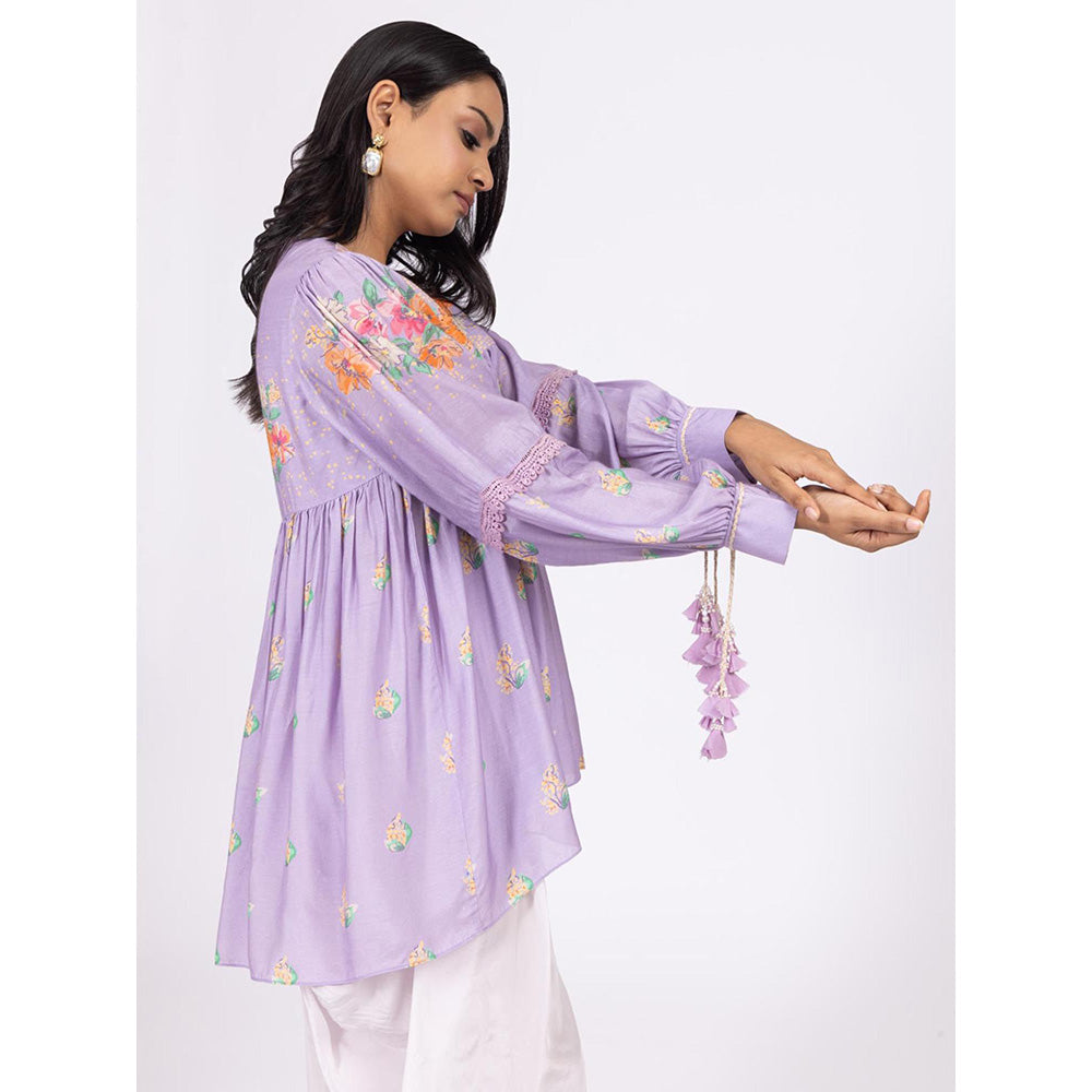 LABEL NAARITI Zoya Floral Printed Muslin Top with Lilac Crepe Dhoti (Set of 2)