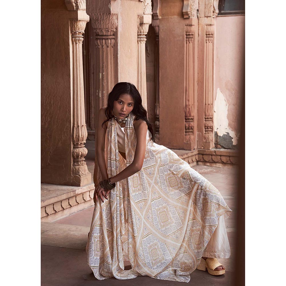 LABEL NAARITI Taara Beige Crop Top with Palazzo and Overlay Jacket (Set of 3)