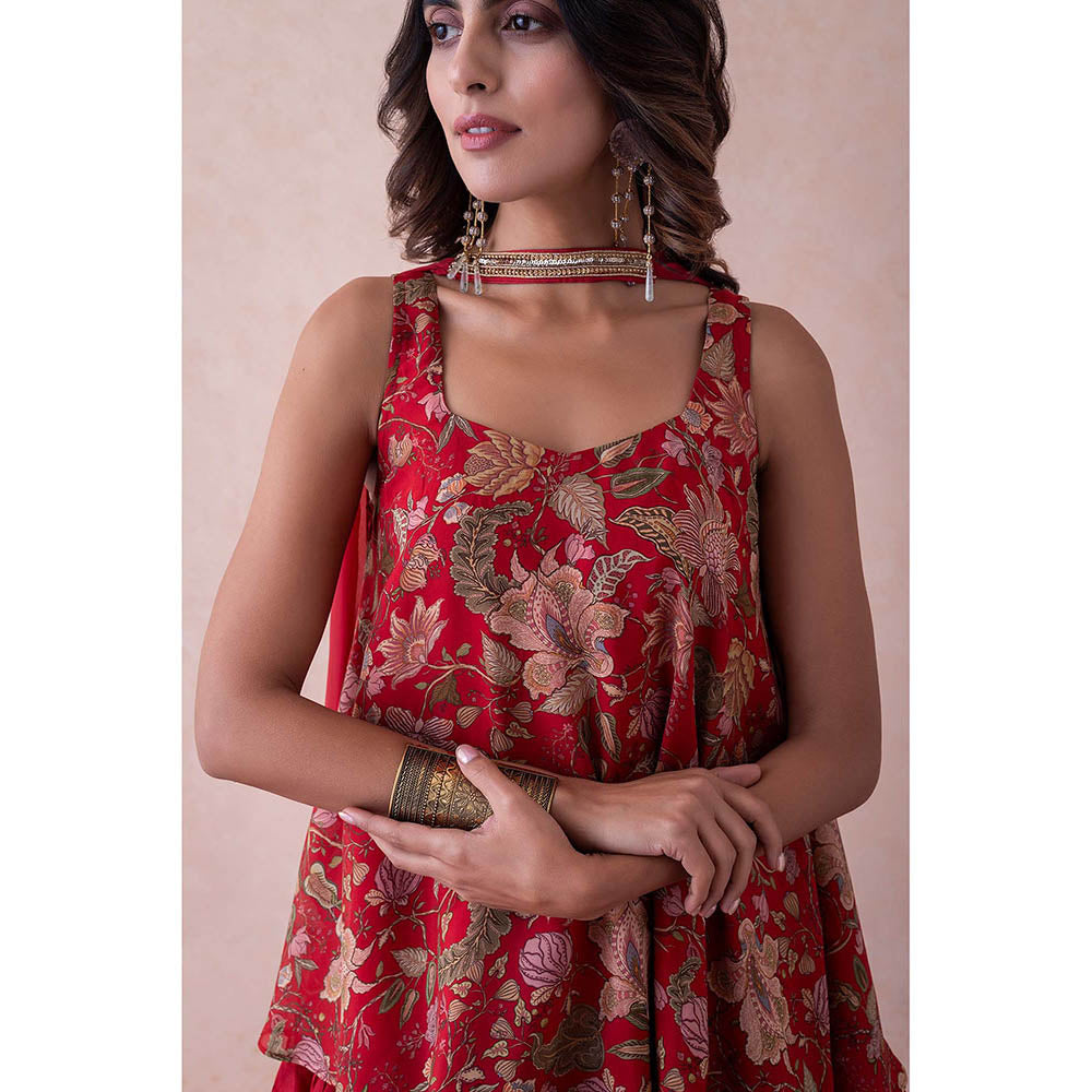 LABEL NAARITI Red Printed Amina Kurti with Sharara and Dupatta (Set of 3)