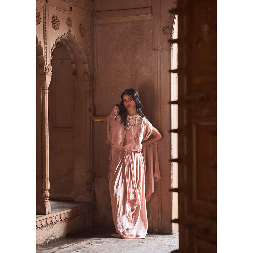 LABEL NAARITI Pink Embroidered Shanaya Bustier with Cape Top and Skirt (Set of 3)