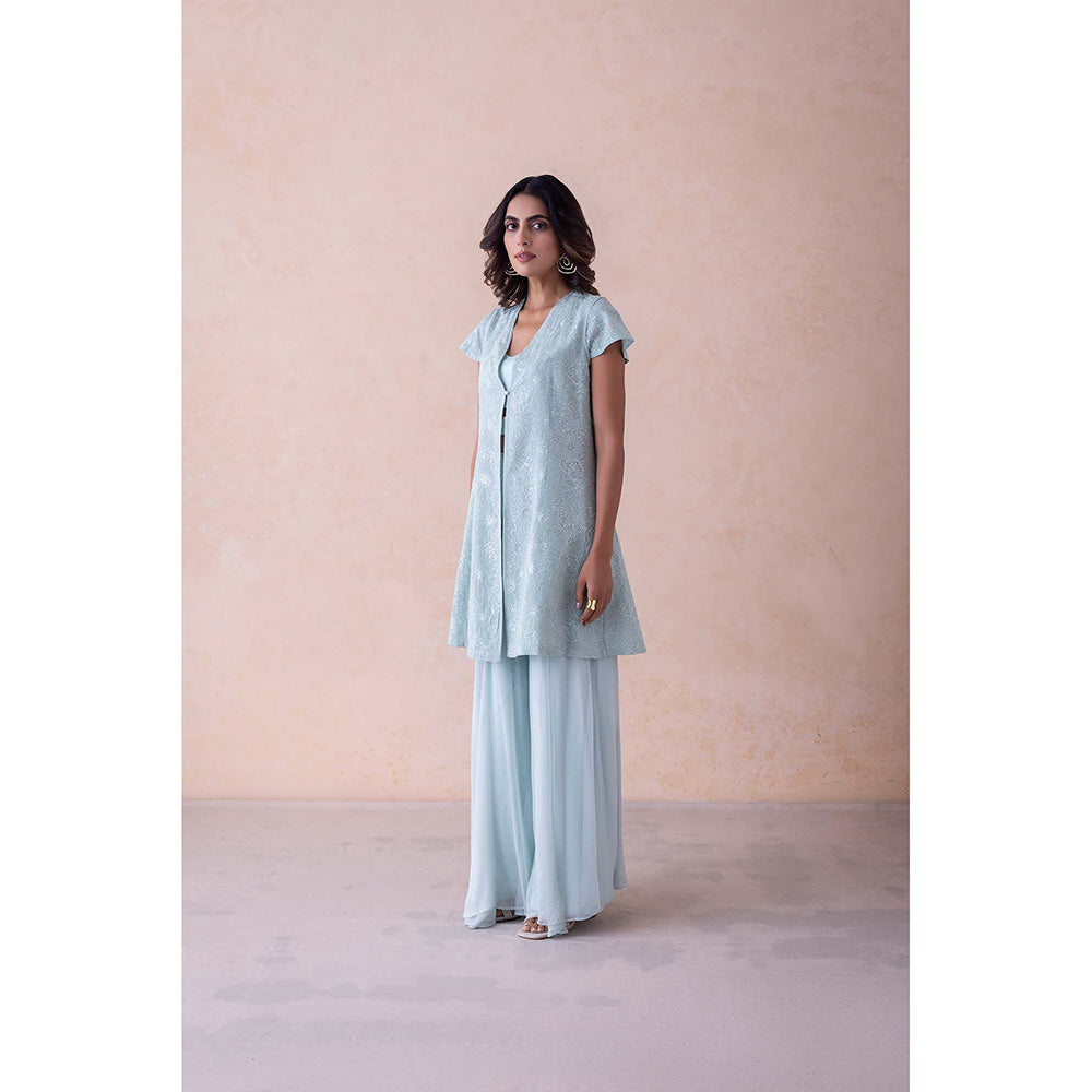 LABEL NAARITI Blue Embroidered Amari Blouse with Sharara and Jacket (Set of 3)