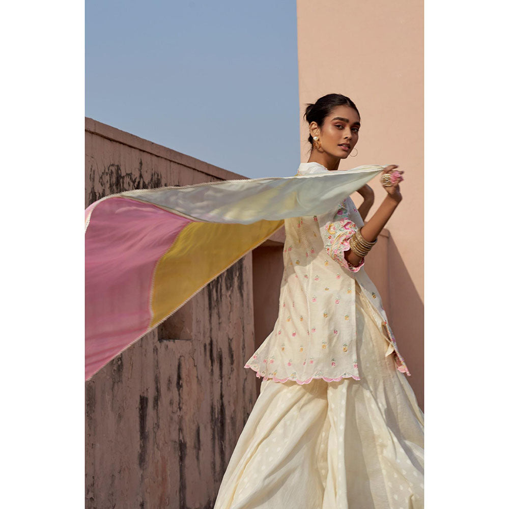 LABEL NAARITI Kaari Natural Linen Embroidery and Lace Inserts Kurta with Sharara and Dupatta