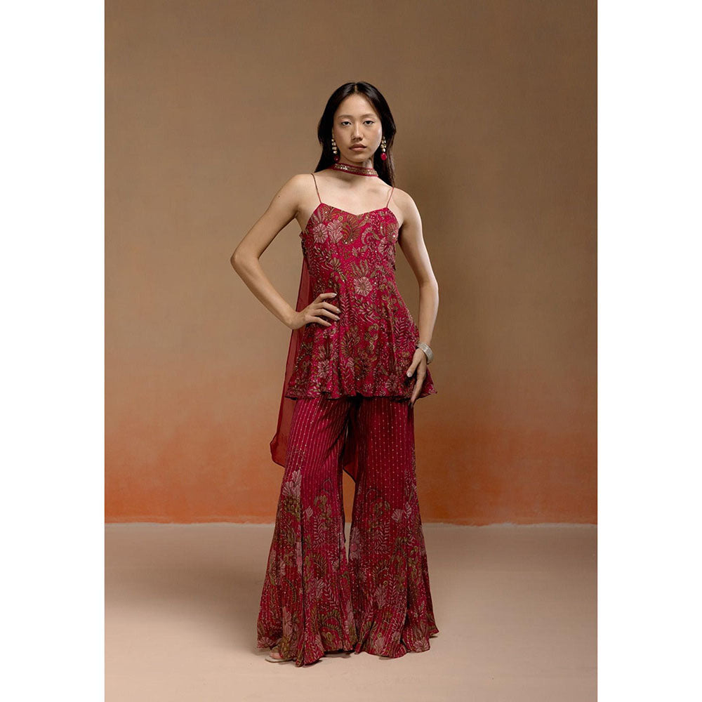 LABEL NAARITI Reha Wine Printed Kurta with Jacquard Sharara and Choker Dupatta