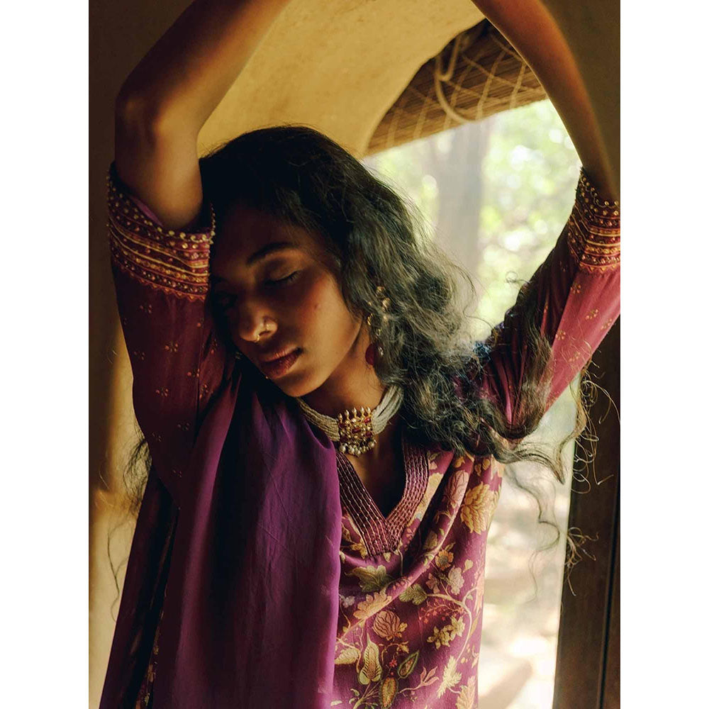 LABEL NAARITI Alana Maroon Printed Raw Silk Kurta with Pant and Dupatta