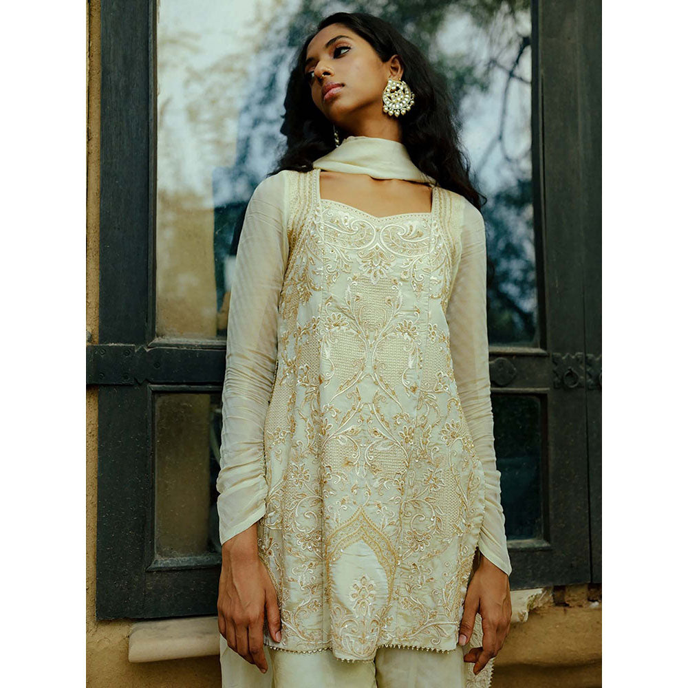 LABEL NAARITI Aalia Embroidered Gold Tunic with Sharara and Dupatta