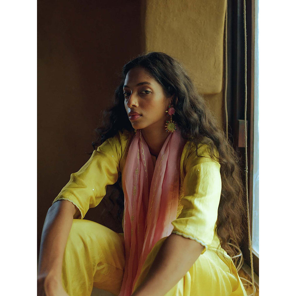 LABEL NAARITI Siyara Embroidered Yellow Kurta with Pant and Dupatta