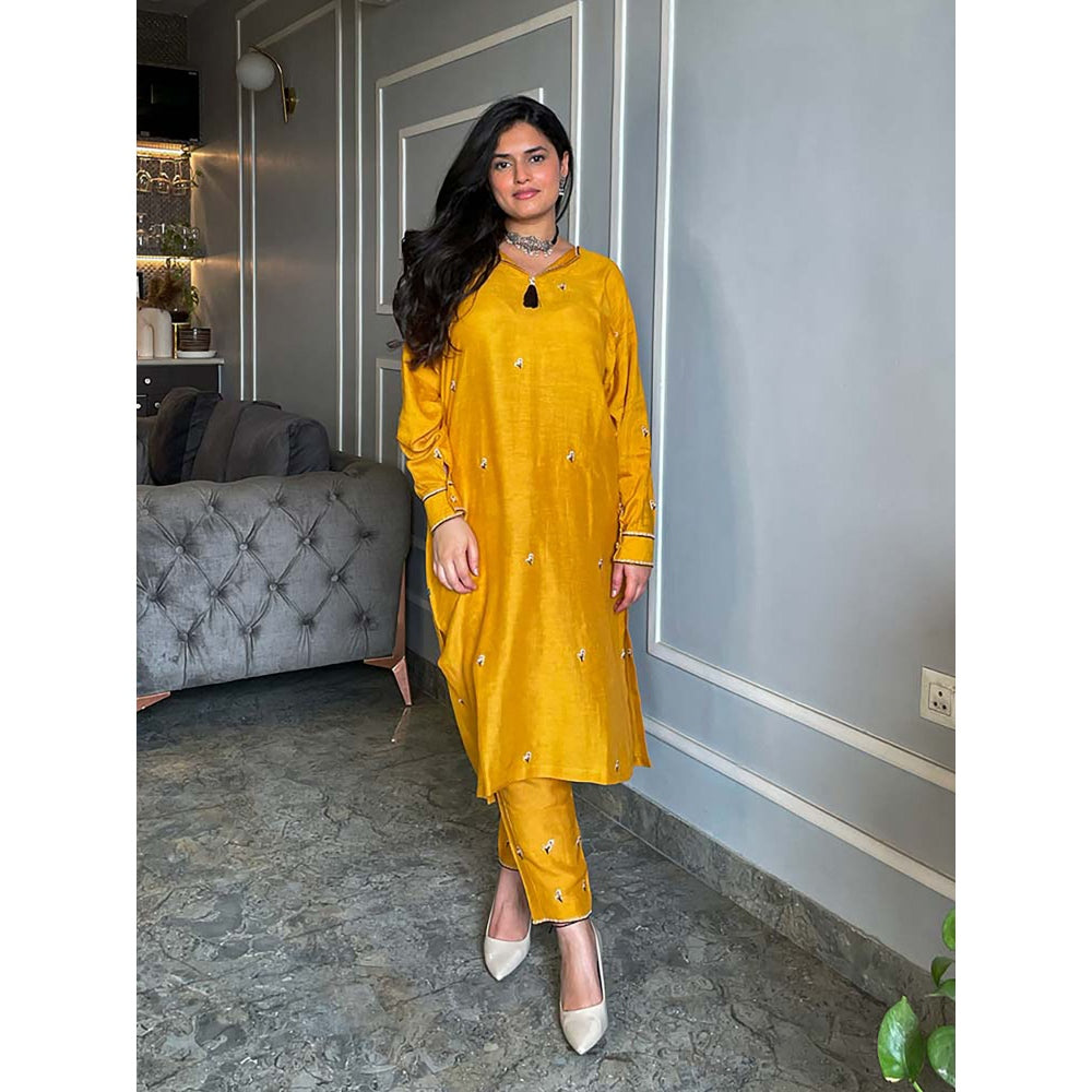 Label Ruby Beautifully Hand Embroidered Mustard Kurta with Pant (Set of 2)
