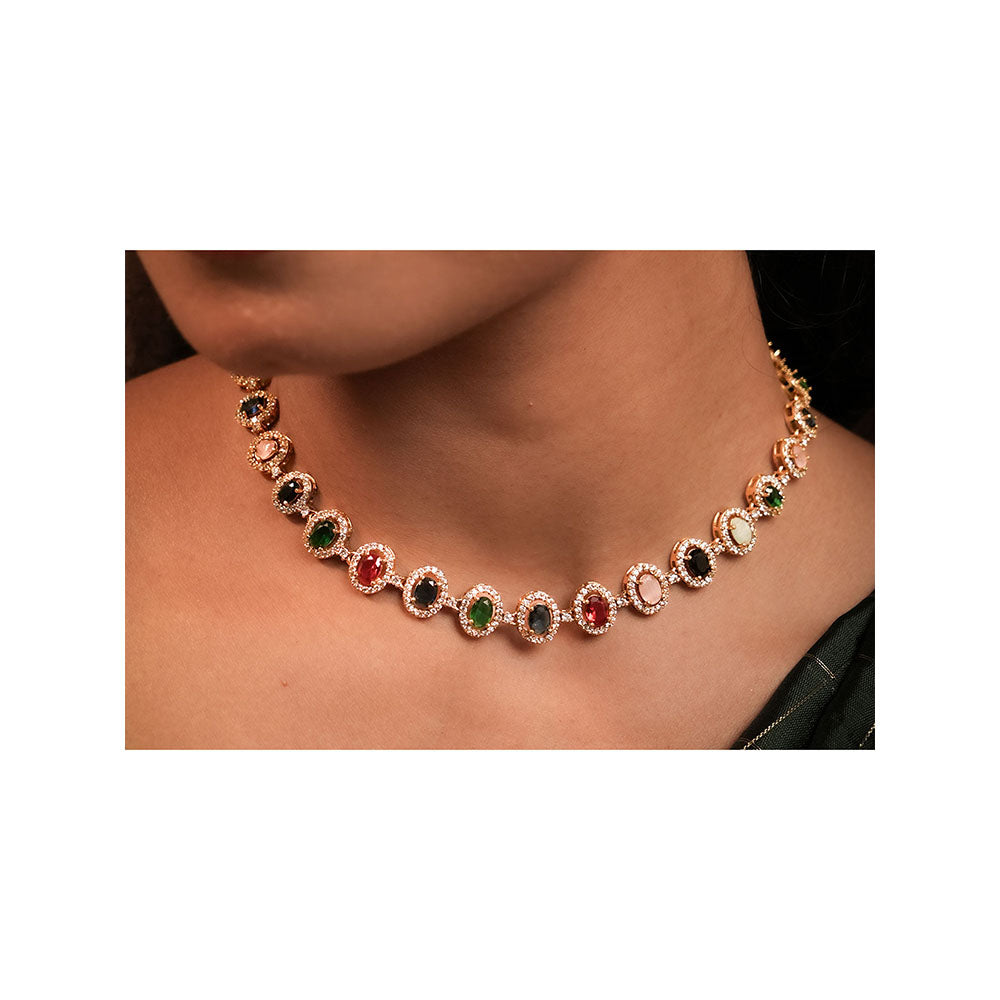 Label Ruby Multicolor Oval Stone In Rose Gold Finish Jewellery Set