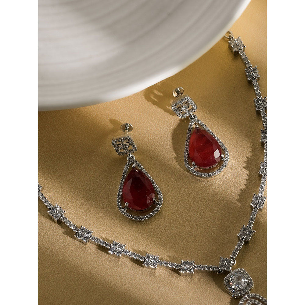 Label Ruby Red Ruby Teardrop Cz Halo In Silver Plating Bridal Wear Jewellery Set