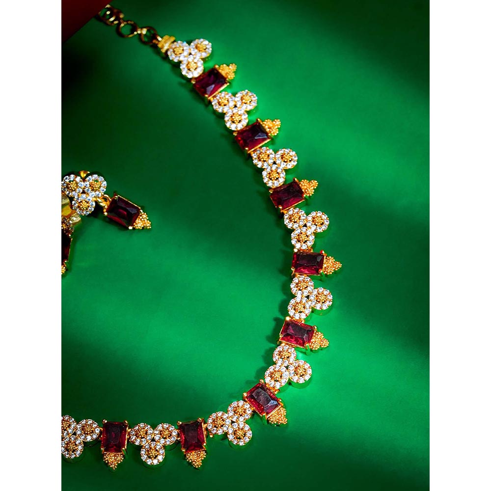 Label Ruby Elegant Emerald Red And Gold-Plated Necklace and Earrings