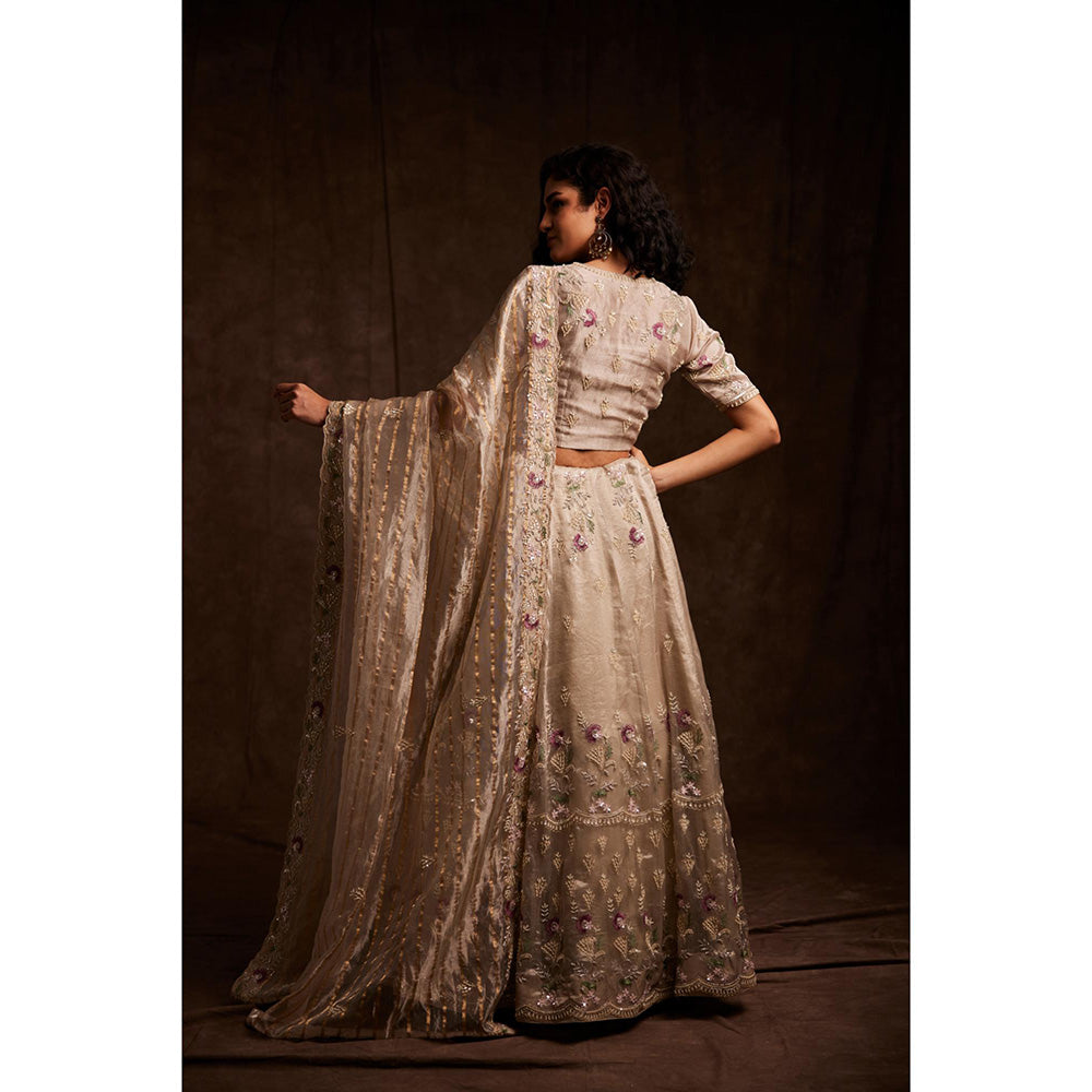 Label Gayatri Bishnoi Nude Sequin Lehenga with Blouse and Dupatta (Set of 3)