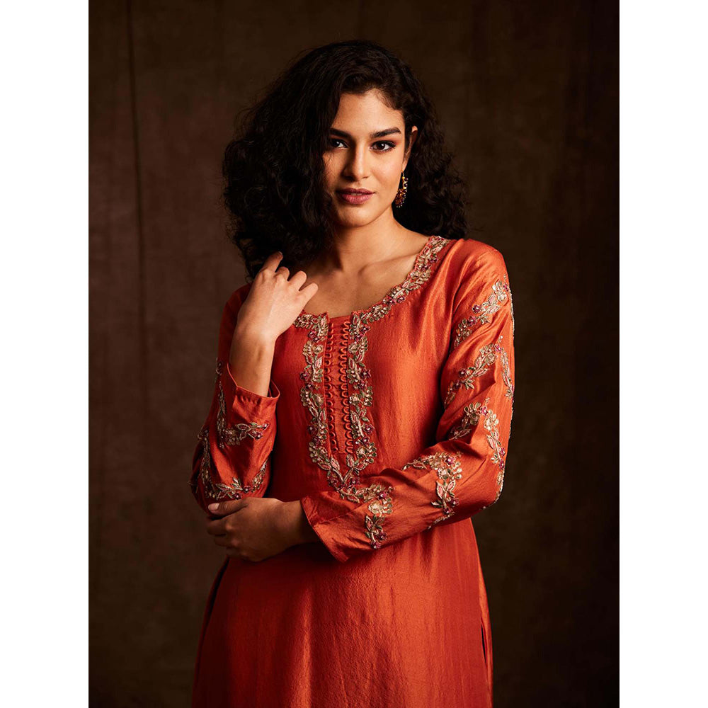Label Gayatri Bishnoi Seher Rust Embroidered Kurta with Palazzo (Set of 2)