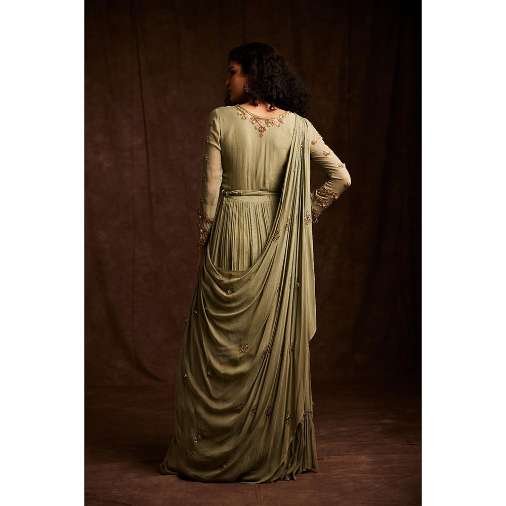 Label Gayatri Bishnoi Sage Green Dress with Drape Dupatta and Belt (Set of 3)