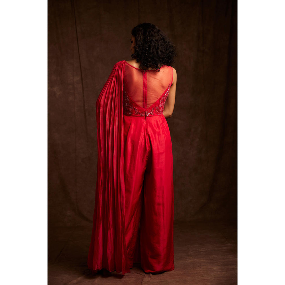 Label Gayatri Bishnoi Red Jumpsuit with Attached Drape