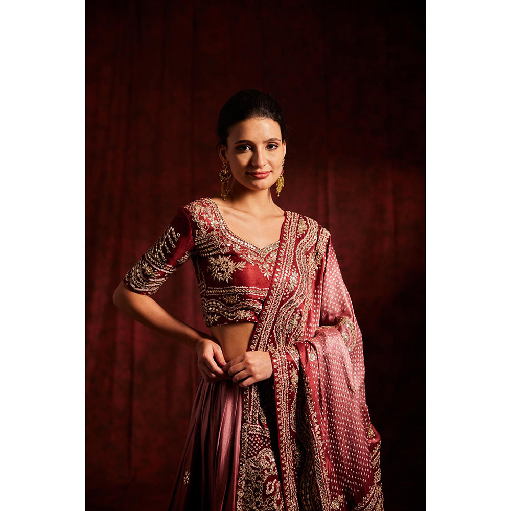 Label Gayatri Bishnoi Maroon Pure Gajji Silk Bandhej Lehenga with Blouse and Dupatta (Set of 3)